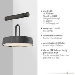 LED Akku Wandleuchte schwarz dimmbar per Touch IP44 Memoryfunktion