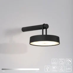 LED Akku Wandleuchte schwarz dimmbar per Touch IP44 Memoryfunktion