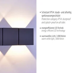 LED-Außenwandleuchte, anthrazit, warmweiß, spritzwassergeschützt, modern