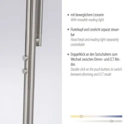 LED Deckenfluter, Leseleuchte, Fernbedienung, dimmbar, stahlfarben