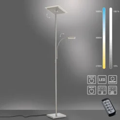 LED Deckenfluter, Leseleuchte, Fernbedienung, dimmbar, stahlfarben