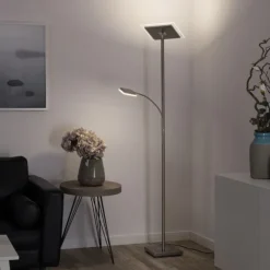 LED Deckenfluter, Leseleuchte, Fernbedienung, dimmbar, stahlfarben