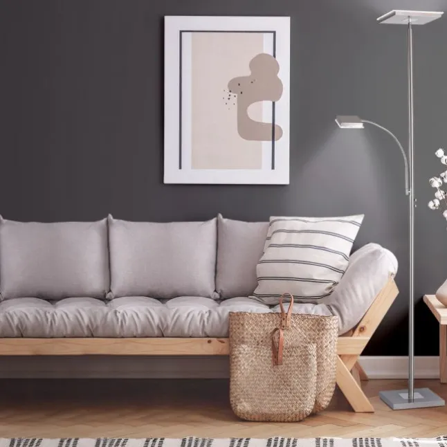 LED-Deckenfluter, stahlfarben, flexibler Lesearm, warmweiß, Touchschalter