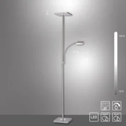 LED-Deckenfluter, stahlfarben, flexibler Lesearm, warmweiß, Touchschalter