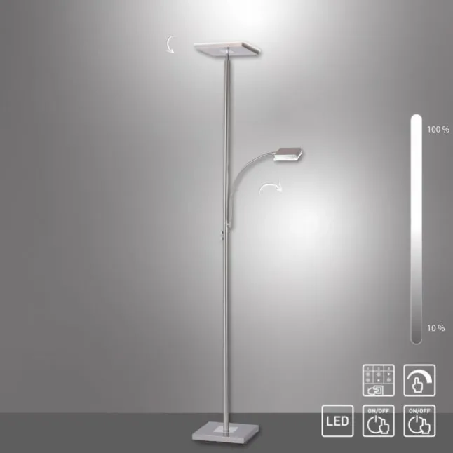 LED-Deckenfluter, stahlfarben, flexibler Lesearm, warmweiß, Touchschalter