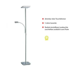 LED-Deckenfluter, stahlfarben, flexibler Lesearm, warmweiß, Touchschalter