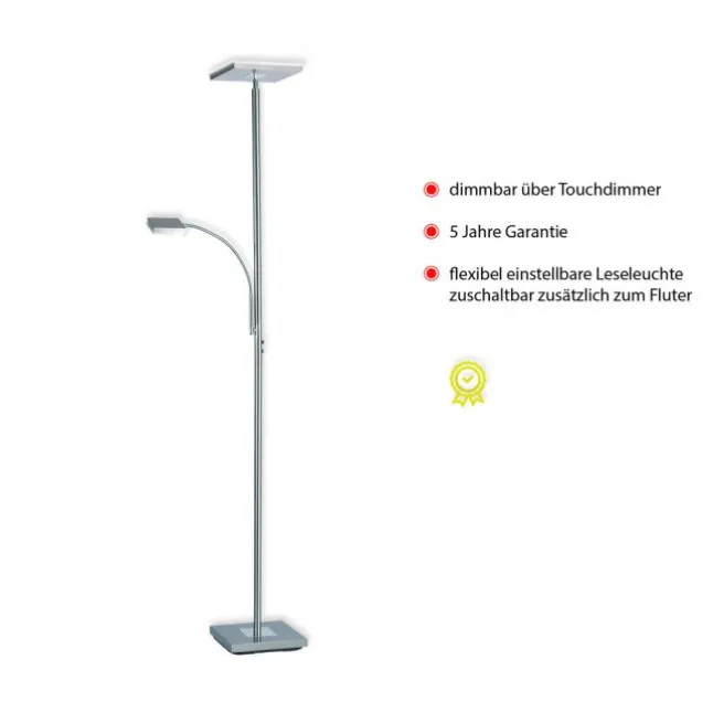 LED-Deckenfluter, stahlfarben, flexibler Lesearm, warmweiß, Touchschalter