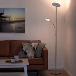 LED-Deckenfluter, stahlfarben, flexibler Lesearm, dimmbar, modern, Büro