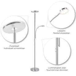 LED-Deckenfluter, stahlfarben, flexibler Lesearm, dimmbar, modern, Büro