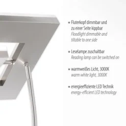 LED-Deckenfluter, stahlfarben, flexible Leseleuchte, warmweißes Licht