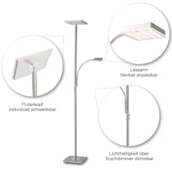 LED-Deckenfluter, stahlfarbig, dimmbar, Touchdimmer, Leselampe