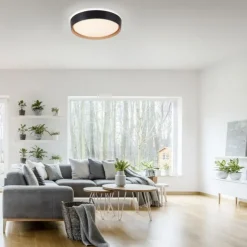 LED Deckenlampe Holzoptik matt schwarz rund dimmbar Wandschalter