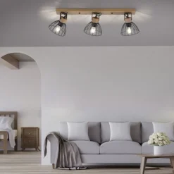 LED Deckenlampe LAMI 3 flammig Holz schwarz Metallschirme drehbar Wandlampe