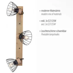 LED Deckenlampe LAMI 3 flammig Holz schwarz Metallschirme drehbar Wandlampe