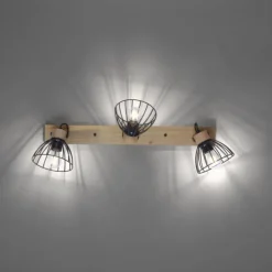 LED Deckenlampe LAMI 3 flammig Holz schwarz Metallschirme drehbar Wandlampe