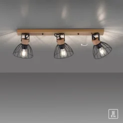 LED Deckenlampe LAMI 3 flammig Holz schwarz Metallschirme drehbar Wandlampe