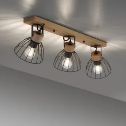 LED Deckenlampe LAMI 3 flammig Holz schwarz Metallschirme drehbar Wandlampe