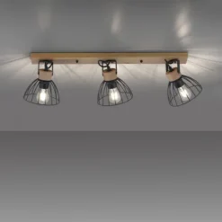 LED Deckenlampe LAMI 3 flammig Holz schwarz Metallschirme drehbar Wandlampe