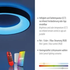 LED-Deckenleuchte, anthrazit, dimmbar, App, Fernbedienung