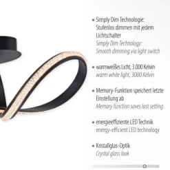 LED Deckenleuchte BRILLA schwarz geschwungen dimmbar Kristallglas Optik