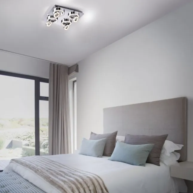 LED-Deckenleuchte, Chrom, 4-flg, schwenkbar, modern, warmweiß