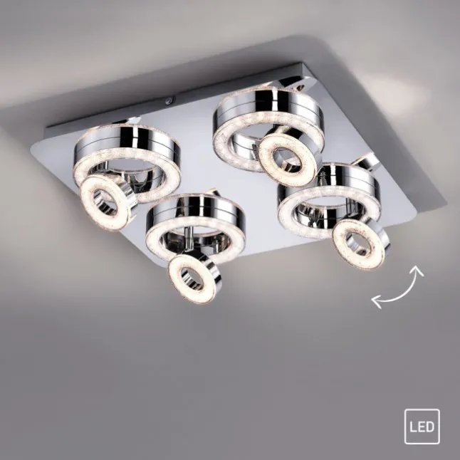 LED-Deckenleuchte, Chrom, 4-flg, schwenkbar, modern, warmweiß