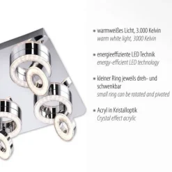 LED-Deckenleuchte, Chrom, 4-flg, schwenkbar, modern, warmweiß