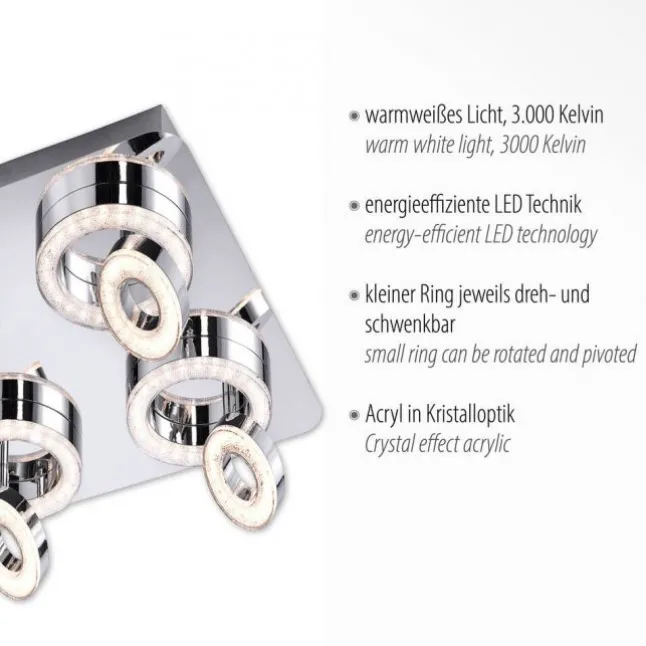 LED-Deckenleuchte, Chrom, 4-flg, schwenkbar, modern, warmweiß