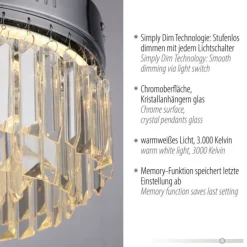 LED Deckenleuchte chrom Kristallanhänger dimmbar Memoryfunktion