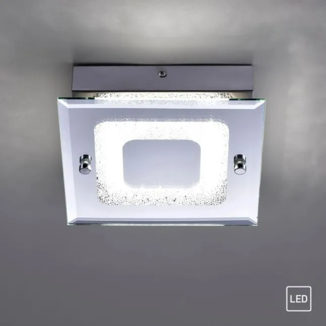 LED Deckenleuchte, chrom, Spiegelglasscheibe, Kristalloptik, modern, eckig