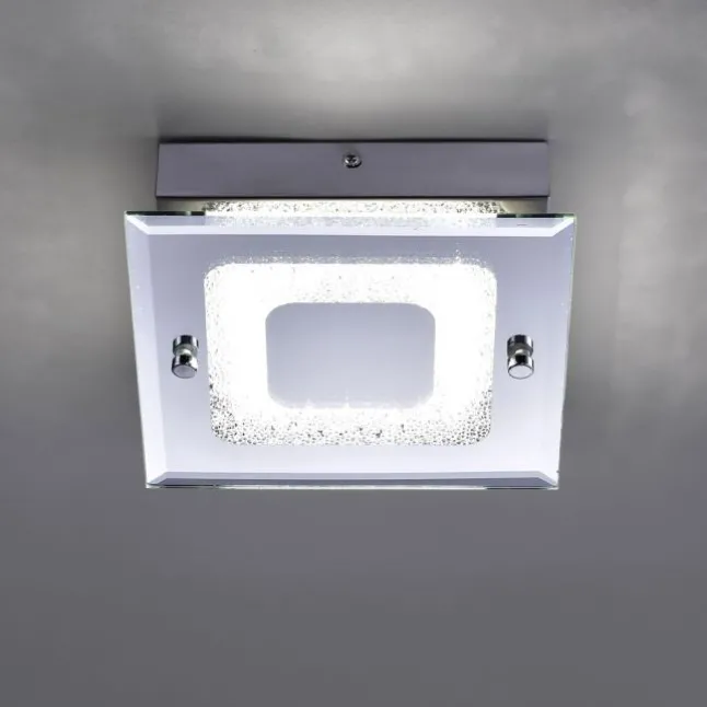 LED Deckenleuchte, chrom, Spiegelglasscheibe, Kristalloptik, modern, eckig