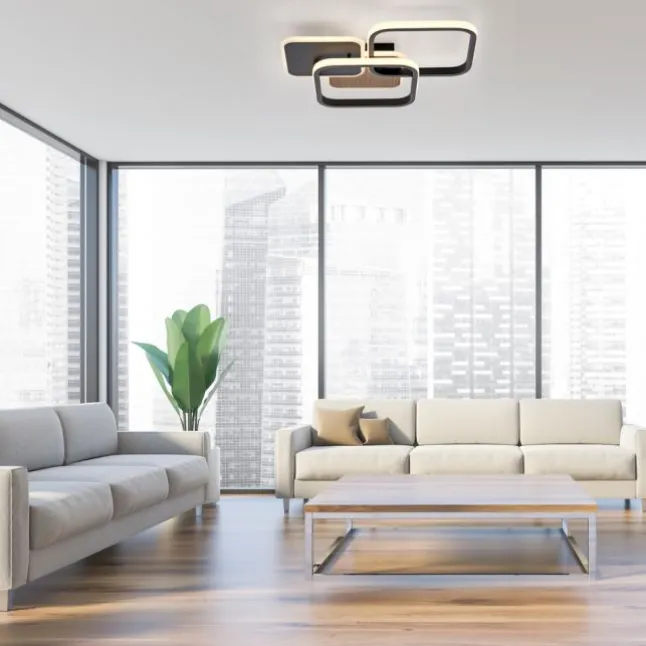 LED Deckenleuchte eckig schwarz mit Holzdekor warmweiß modern