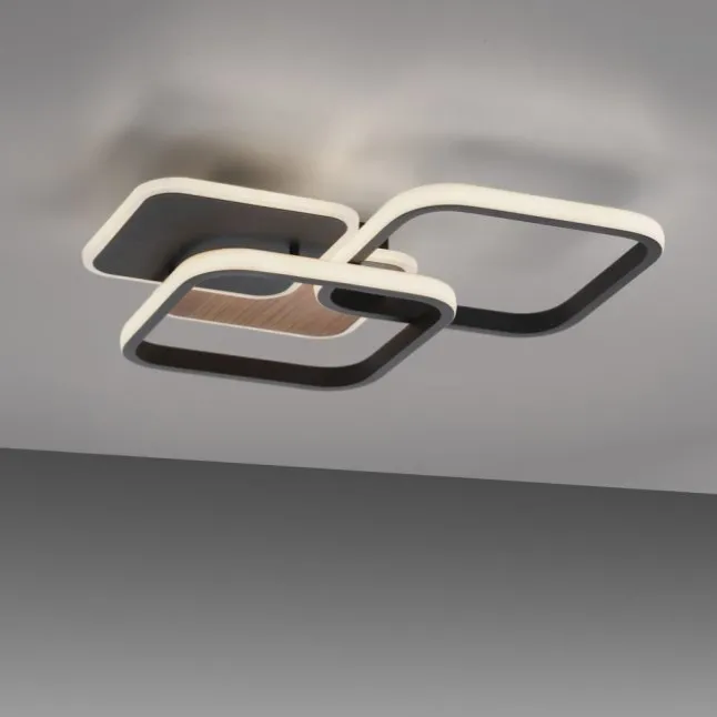LED Deckenleuchte eckig schwarz mit Holzdekor warmweiß modern