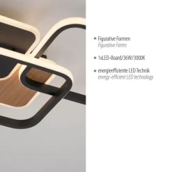 LED Deckenleuchte eckig schwarz mit Holzdekor warmweiß modern