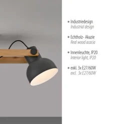 LED Deckenleuchte 3 flammig Akazienholz höhenverstellbar Industrial