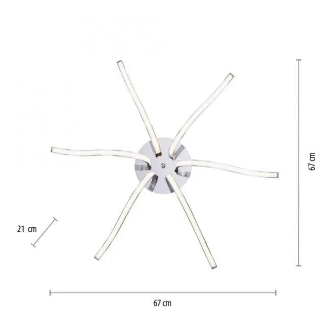 LED-Deckenleuchte, 6-flammig, chrom, 67x67 cm, filigrane Leuchtenarme