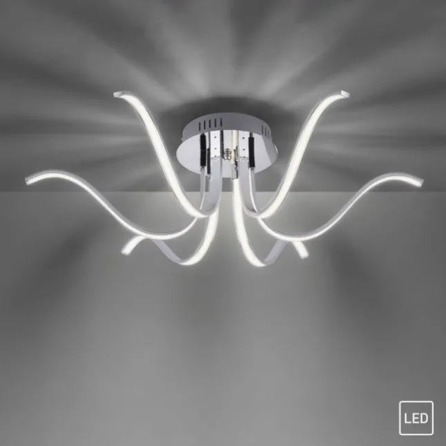 LED-Deckenleuchte, 6-flammig, chrom, 67x67 cm, filigrane Leuchtenarme