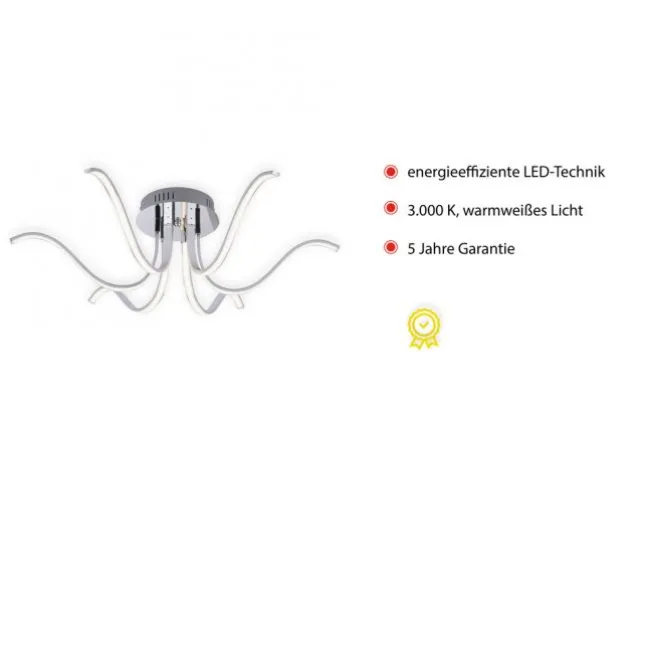 LED-Deckenleuchte, 6-flammig, chrom, 67x67 cm, filigrane Leuchtenarme