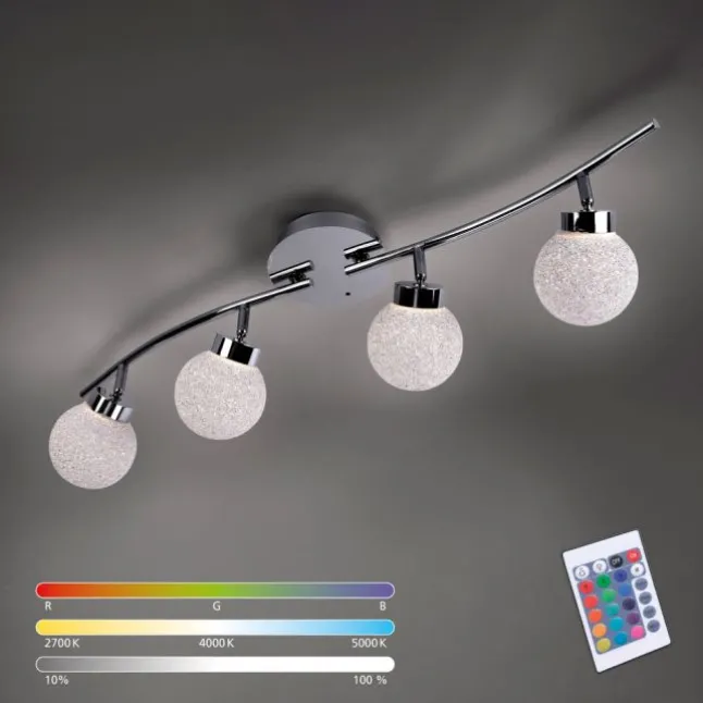 LED Deckenleuchte, 4-flammig, chrom, Strahlerleiste, dimmbar, Fernbedienung