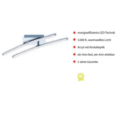 LED Deckenleuchte, 2flammig, chrom, 2 Leuchtenarme, modern, Kristalloptik