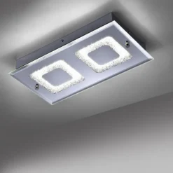 LED Deckenleuchte, 2-flammig, chrom, Glas, Kristalloptik, rechteckig