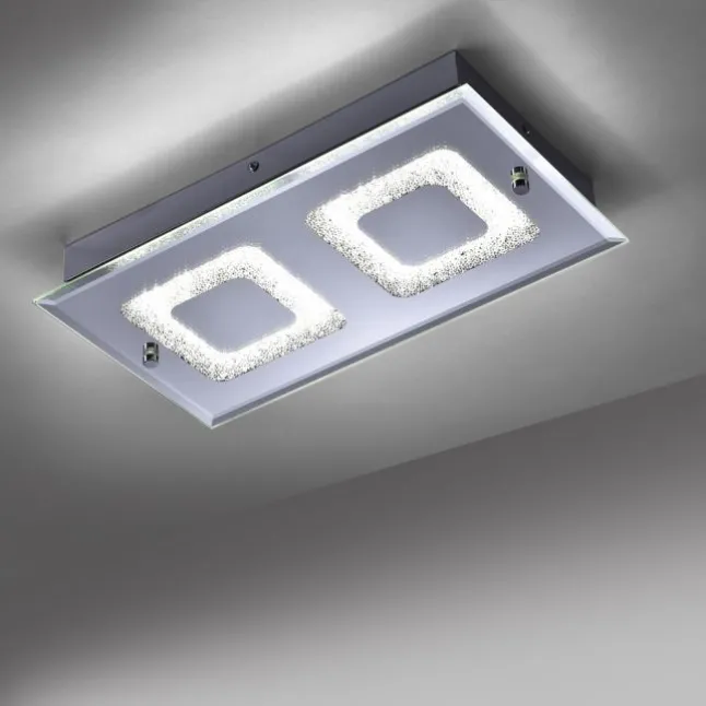 LED Deckenleuchte, 2-flammig, chrom, Glas, Kristalloptik, rechteckig