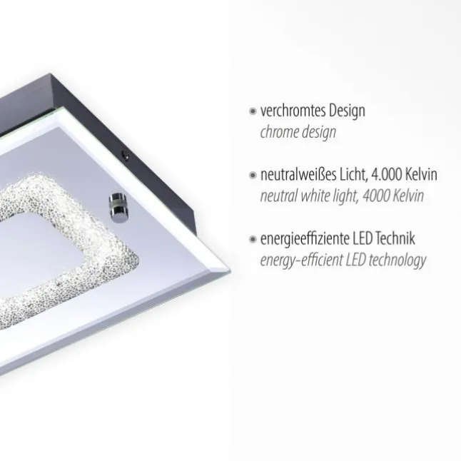 LED Deckenleuchte, 2-flammig, chrom, Glas, Kristalloptik, rechteckig
