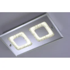 LED Deckenleuchte, 2-flammig, chrom, Glas, Kristalloptik, rechteckig