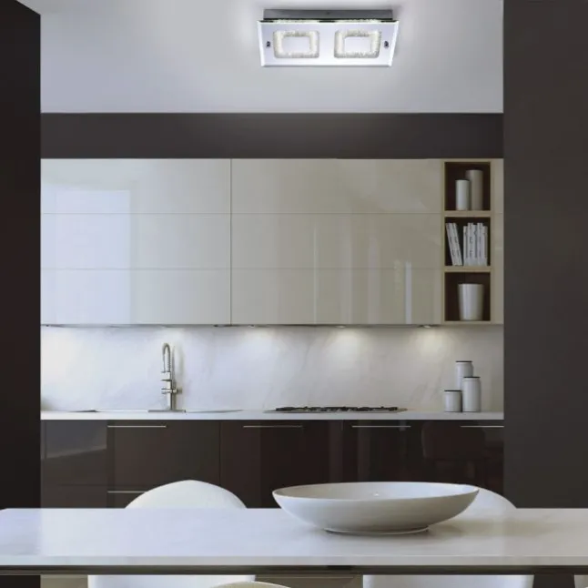LED Deckenleuchte, 2-flammig, chrom, Glas, Kristalloptik, rechteckig