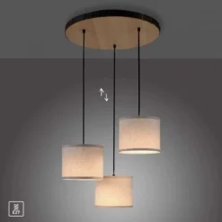 LED-Deckenleuchte, 3-flammig, Holz, Stoffschirme, 3xE27