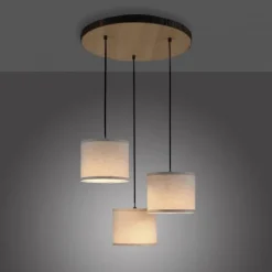 LED-Deckenleuchte, 3-flammig, Holz, Stoffschirme, 3xE27