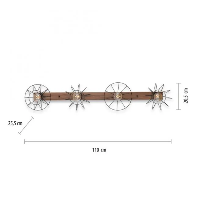 LED Deckenleuchte 4 flammig Holzdekor schwarze Metallschirme rustikal