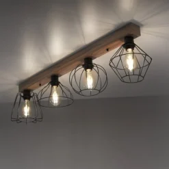 LED Deckenleuchte 4 flammig Holzdekor schwarze Metallschirme rustikal