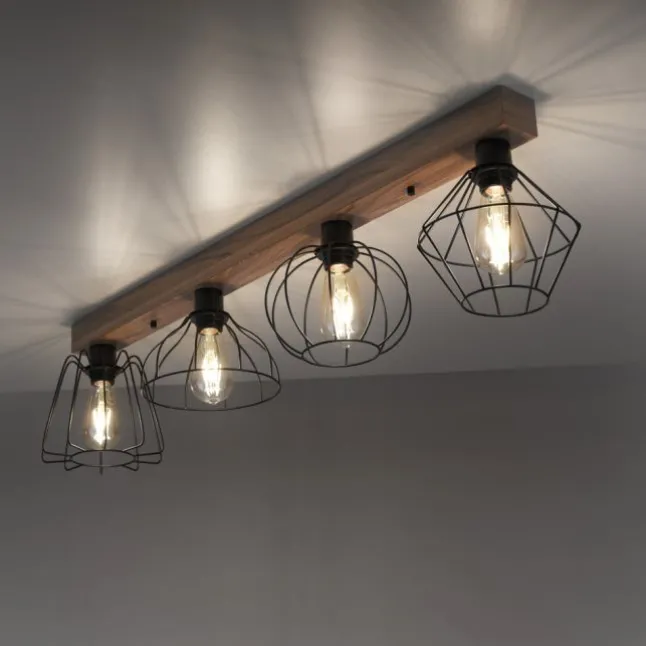 LED Deckenleuchte 4 flammig Holzdekor schwarze Metallschirme rustikal